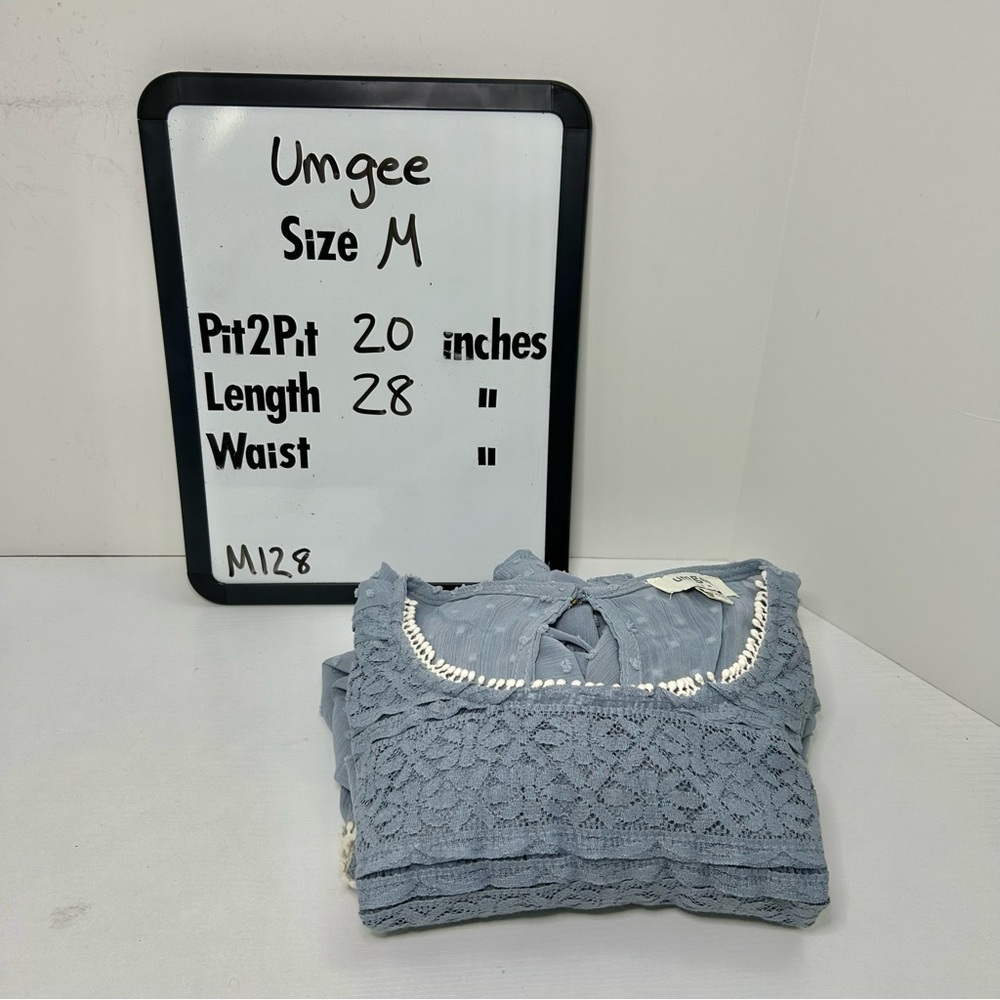 Umgee Blue Sheer Swiss Dot Lace Trim Balloon Sleeve Cottagecore Blouse Sz Medium - Picture 16 of 16